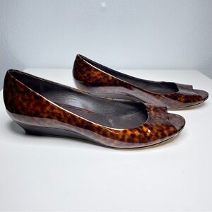 Cole Haan Nike Air Elly Patent Leather Tortoise Shell Peep Toe Low Wedge 11B